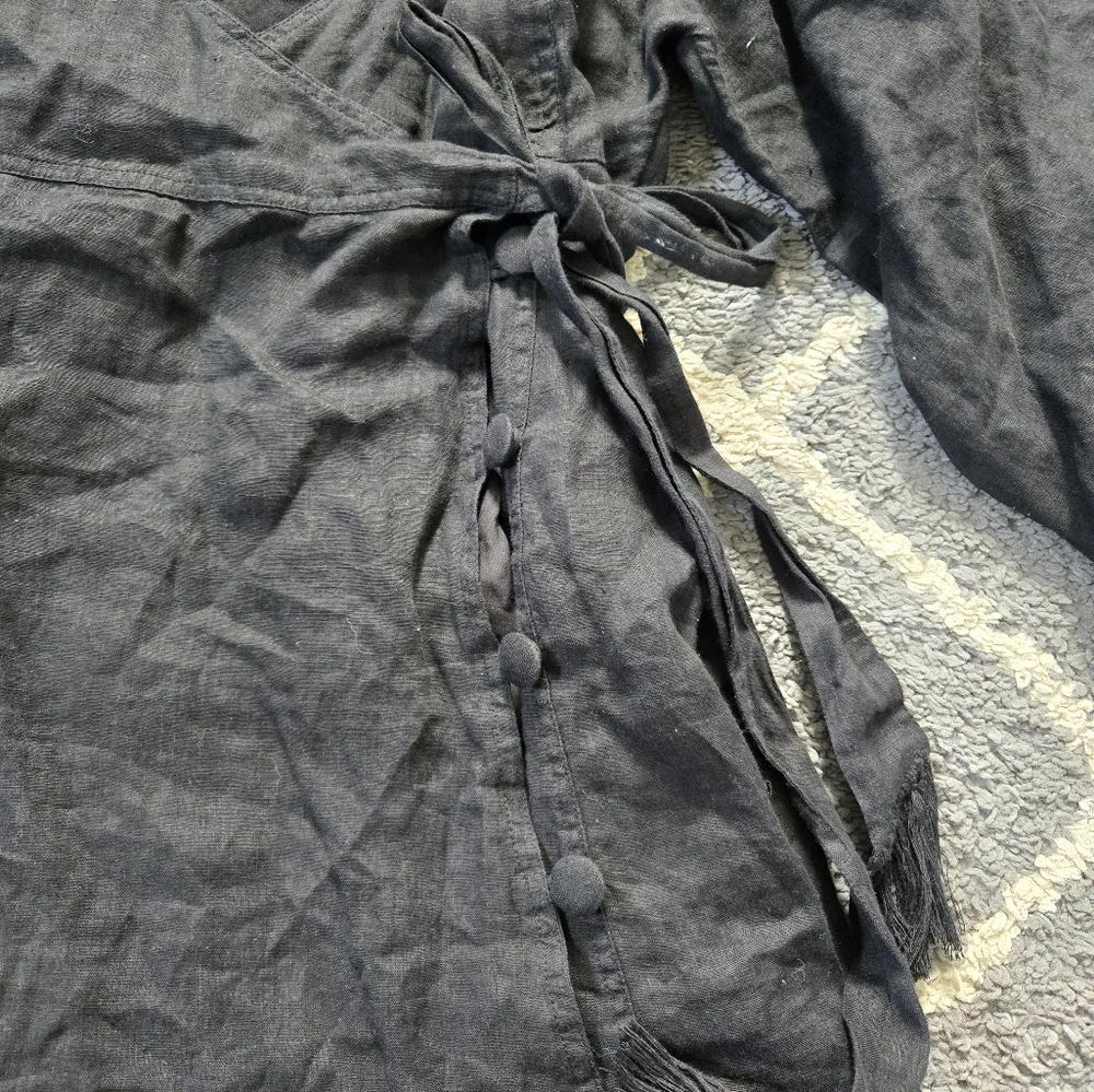 FREE PEOPLE Black Linen Carino Mini Wrap Dress Small Petite - Picture 5 of 14